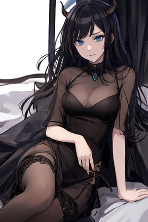 infernal princess, with human form but with diabolical features, full details, 1 girl, casually dressed, slender body, blue eyes, black hair color, light skin, masterpiece,ruanyi0070