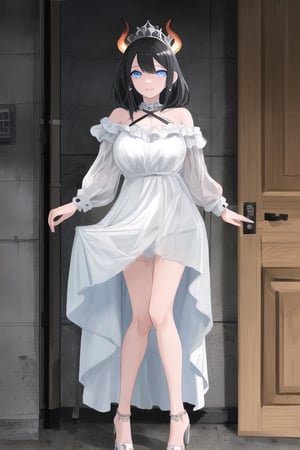 infernal princess, with human form but with diabolical features, full details, 1 girl, casually dressed, slender body, blue eyes, black hair color, light skin, masterpiece,peeing self