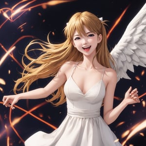 asuka adult version, angel_wings, angel, masterpiece, full details, details, black eyes, blonde laughed hair, dynamic background, white dress.