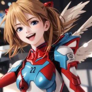 asuka,angel_wings, angel, masterpiece, full details, details, black eyes, blonde laughed hair, dynamic background  , blue eyes,3D