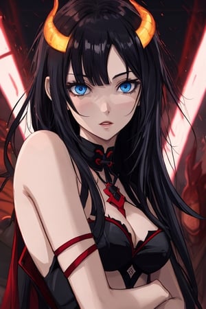 infernal princess, with human form but with diabolical features, full details, 1 girl, casually dressed, slender body, blue eyes, black hair color, light skin, masterpiece,horror,raidenshogundef