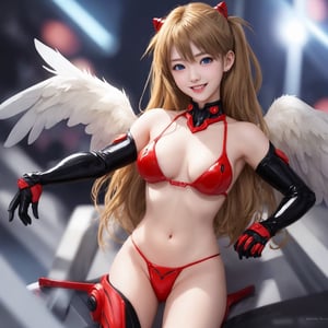 asuka,angel_wings, angel girl, sexy body, masterpiece, full details, details, black eyes, blonde laughed hair, dynamic background  , blue eyes