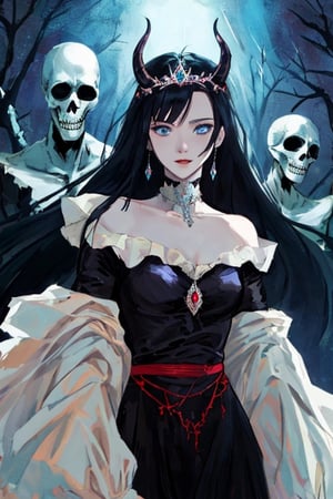 infernal princess, with human form but with diabolical features, scenery, full details, 1 girl, casually dressed, slender body, blue eyes, black hair color, light skin, masterpiece,horror