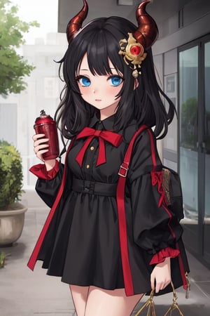 infernal princess, with human form but with diabolical features, full details, 1 girl, casually dressed, slender body, blue eyes, black hair color, light skin, masterpiece,ruanyi0070,chibi,peeing self