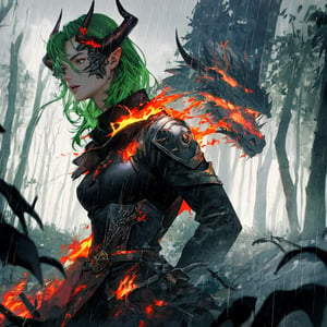 semi-human with horns, forest background, mage, green hair, slender body, fiery fire, dragon in background, world inflames, magic in background, rain, lightning on the side, normal breasts, masterpiece, full details., 