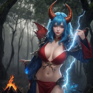 semi-human with horns, forest background, mage, girl,  blue hair, slender body, fiery fire, dragon in background, world inflames, magic in background, rain, lightning on the side, normal breasts, masterpiece, full details., 