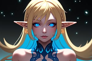 1 girl, normal chest, look at viewer, face portrait, elf, short elf ear, silky skin,surreal photography of a stunningly beautiful, blonde hair, blue eyes, intricate detailed, glowing, highly detailed, masterpiece, light particle, colourful light particles, concept art, 8 k,1girl navia, perfect split lighting