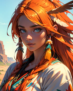 a painting of a extremely psychedelic portrait of a north American Indian, feathers in her hair, vibrantly colored, skin, orange flowing hair, header, high Detail, UHD, HDR, 8K, UHD, HDR
