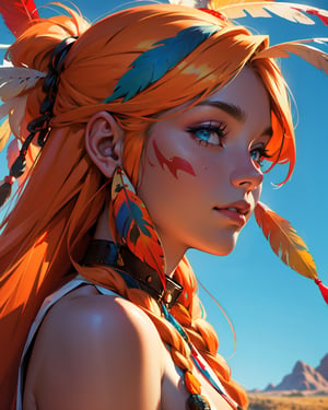 a painting of a extremely psychedelic portrait of a north American Indian, feathers in her hair, vibrantly colored, skin, orange flowing hair, header, high Detail, UHD, HDR, 8K, UHD, HDR
