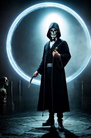 grad view, digital art of Shakespeare performing the play "To be or not to be" in a grim reaper outfit, looking at a skull he holds in his hands, a phantasmagoric piece of theatrical action, he is in the middle of a stage, with lights focusing on his body and a few smoke in the background surrounding, global illumination in yellow, ,SD 1.5