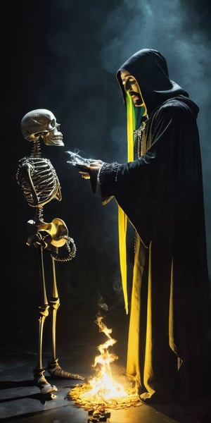 side view, digital art of Shakespeare performing the play "To be or not to be" in a grim reaper outfit, looking at a skull he holds in his hands, a phantasmagoric piece of theatrical action, he is in the middle of a stage, with lights focusing on his body anda few smoke in the background surrounding, global illumination in yellow
