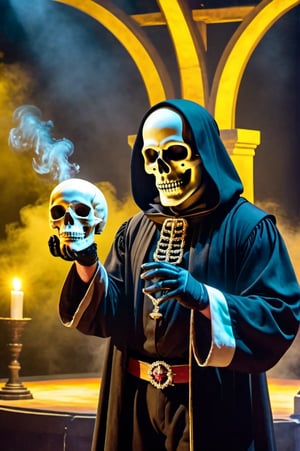 grad view, digital art of Shakespeare performing the play "To be or not to be" in a grim reaper outfit, looking at a skull he holds in his hands, a phantasmagoric piece of theatrical action, he is in the middle of a stage, with lights focusing on his body and a few smoke in the background surrounding, global illumination in yellow, 