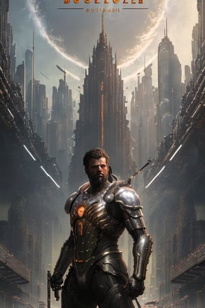 (masterpiece, best quality:1.3), photorealistic, raw photo, hyperrealistic, hyperdetailed, natural light, ray tracing, subsurface scattering, high-resolution,  high contrast, realistic style, HDR, 8k , extreme detailed background, soothing tone, man wearing a cybernetic high tech armour, stand in the center in heroic pose, (cityscape:1.5)