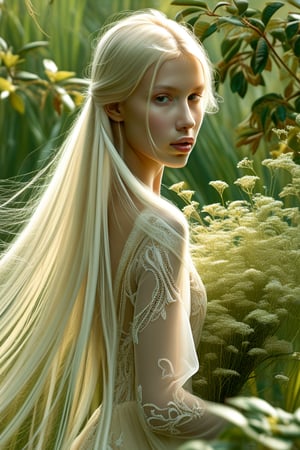 A serene composition captures a stunning young woman, her long blonde locks cascading down her back like a river of gold. Her pale skin glows softly, illuminated by the gentle light that filters through the lush greenery behind her. She wears a delicate lace dress that seems to shimmer in harmony with the birds and flowers that surround her. The intricate details on her gown appear almost ethereal, as if woven from the very essence of wonder itself. Her beauty is truly awe-inspiring.