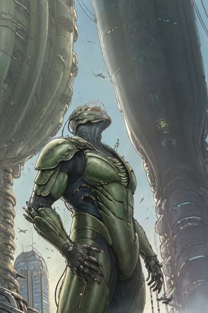 (masterpiece, best quality:1.3), photorealistic, raw photo, hyperrealistic, hyperdetailed, natural light, ray tracing, subsurface scattering, high-resolution,  high contrast, realistic style, HDR, 8k , extreme detailed background, soothing tone, man wearing a cybernetic high tech armour, stand in the center in heroic pose, (cityscape:1.5)