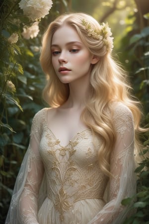 A serene composition captures a stunning young woman, her long blonde locks cascading down her back like a river of gold. Her pale skin glows softly, illuminated by the gentle light that filters through the lush greenery behind her. She wears a delicate lace dress that seems to shimmer in harmony with the birds and flowers that surround her. The intricate details on her gown appear almost ethereal, as if woven from the very essence of wonder itself. Her beauty is truly awe-inspiring.