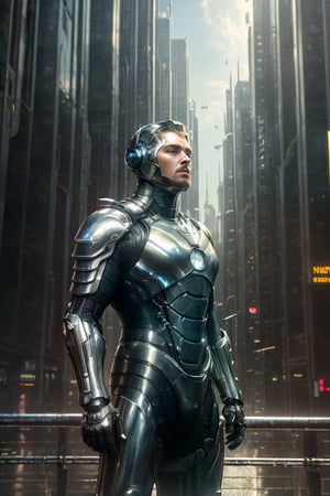 (masterpiece, best quality:1.3), photorealistic, raw photo, hyperrealistic, hyperdetailed, natural light, ray tracing, subsurface scattering, high-resolution,  high contrast, realistic style, HDR, 8k , extreme detailed background, soothing tone, man wearing a cybernetic high tech armour, stand in the center in heroic pose, (cityscape:1.5)