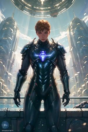 (masterpiece, best quality:1.3), photorealistic, raw photo, hyperrealistic, hyperdetailed, natural light, ray tracing, subsurface scattering, high-resolution,  high contrast, realistic style, HDR, 8k , extreme detailed background, soothing tone, man wearing a cybernetic high tech armour, stand in the center in heroic pose, (cityscape:1.5)