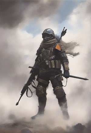 jonnzack_art_style, a lone warrior with his weapons and swords and standing amidst clouds of dust and smoke, a warzone. jonnzack_art_style textures, jonnzack_art_style colors, biomechanical armour suit,