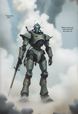 jonnzack_art_style, a lone mecha warrior with his weapons and swords and standing amidst clouds of dust and smoke, a warzone. jonnzack_art_style textures, jonnzack_art_style colors, biomechanical armour suit, jonnzack_art_style comic page layout, jonnzack_art_style designs, intricate ornate armour