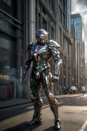 (masterpiece, best quality:1.3), photorealistic, raw photo, hyperrealistic, hyperdetailed, natural light, ray tracing, subsurface scattering, high-resolution,  high contrast, realistic style, HDR, 8k , extreme detailed background, soothing tone, man wearing a cybernetic high tech armour, stand in the center in heroic pose, (cityscape:1.5)