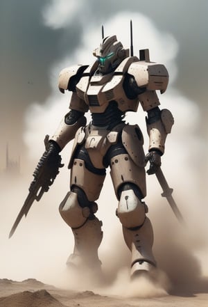 jonnzack_art_style, a lone mecha warrior with his weapons and swords and standing amidst clouds of dust and smoke, a warzone. jonnzack_art_style textures, jonnzack_art_style colors, biomechanical armour suit, jonnzack_art_style comic page layout, jonnzack_art_style designs, intricate ornate armour