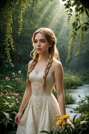 A serene composition captures a stunning young woman, her long blonde locks cascading down her back like a river of gold. Her pale skin glows softly, illuminated by the gentle light that filters through the lush greenery behind her. She wears a delicate lace dress that seems to shimmer in harmony with the birds and flowers that surround her. The intricate details on her gown appear almost ethereal, as if woven from the very essence of wonder itself. Her beauty is truly awe-inspiring.