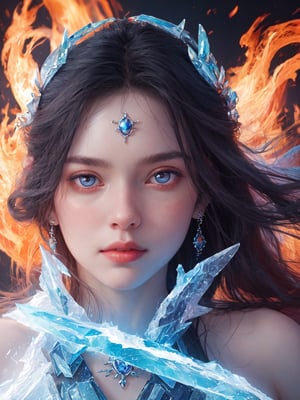 super photorealistic closeup portrait of a radiant goddess of fire and ice.
  