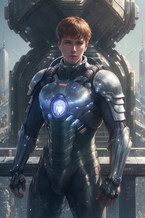 (masterpiece, best quality:1.3), photorealistic, raw photo, hyperrealistic, hyperdetailed, natural light, ray tracing, subsurface scattering, high-resolution,  high contrast, realistic style, HDR, 8k , extreme detailed background, soothing tone, man wearing a cybernetic high tech armour, stand in the center in heroic pose, (cityscape:1.5)