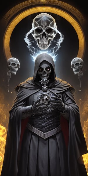 grad view, digital art of Shakespeare performing the play "To be or not to be" in a grim reaper outfit, looking at a skull he holds in his hands, a phantasmagoric piece of theatrical action, he is in the middle of a stage, with lights focusing on his body and a few smoke in the background surrounding, global illumination in yellow
