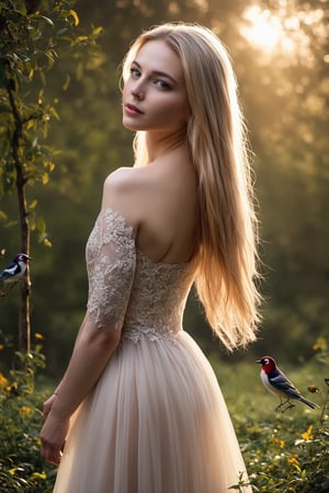 A serene composition captures a stunning young woman, her long blonde locks cascading down her back like a river of gold. Her pale skin glows softly, illuminated by the gentle light that filters through the lush greenery behind her. She wears a delicate lace dress that seems to shimmer in harmony with the birds and flowers that surround her. The intricate details on her gown appear almost ethereal, as if woven from the very essence of wonder itself. Her beauty is truly awe-inspiring.