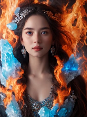 RAW photorealistic closeup portrait of a radiant goddess of fire and ice.
  