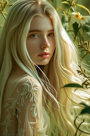 A serene composition captures a stunning young woman, her long blonde locks cascading down her back like a river of gold. Her pale skin glows softly, illuminated by the gentle light that filters through the lush greenery behind her. She wears a delicate lace dress that seems to shimmer in harmony with the birds and flowers that surround her. The intricate details on her gown appear almost ethereal, as if woven from the very essence of wonder itself. Her beauty is truly awe-inspiring.