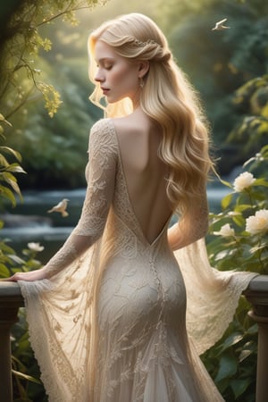 A serene composition captures a stunning young woman, her long blonde locks cascading down her back like a river of gold. Her pale skin glows softly, illuminated by the gentle light that filters through the lush greenery behind her. She wears a delicate lace dress that seems to shimmer in harmony with the birds and flowers that surround her. The intricate details on her gown appear almost ethereal, as if woven from the very essence of wonder itself. Her beauty is truly awe-inspiring.