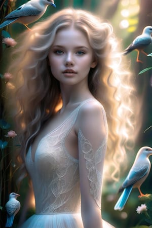 A serene composition captures a stunning young woman, her long blonde locks cascading down her back like a river of gold. Her pale skin glows softly, illuminated by the gentle light that filters through the lush greenery behind her. She wears a delicate lace dress that seems to shimmer in harmony with the birds and flowers that surround her. The intricate details on her gown appear almost ethereal, as if woven from the very essence of wonder itself. Her beauty is truly awe-inspiring.