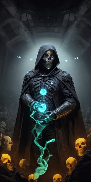 grad view, digital art of Shakespeare performing the play "To be or not to be" in a grim reaper outfit, looking at a skull he holds in his hands, a phantasmagoric piece of theatrical action, he is in the middle of a stage, with lights focusing on his body and a few smoke in the background surrounding, global illumination in yellow