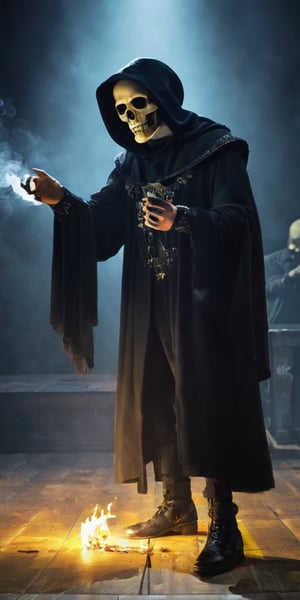 side view, digital art of Shakespeare performing the play "To be or not to be" in a grim reaper outfit, looking at a skull he holds in his hands, a phantasmagoric piece of theatrical action, he is in the middle of a stage, with lights focusing on his body anda few smoke in the background surrounding, global illumination in yellow