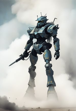 jonnzack_art_style, a lone mecha warrior with his weapons and swords and standing amidst clouds of dust and smoke, a warzone. jonnzack_art_style textures, jonnzack_art_style colors, biomechanical armour suit, jonnzack_art_style