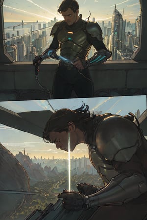 a comic book page , (masterpiece, best quality:1.3), photorealistic, raw photo, hyperrealistic, hyperdetailed, natural light, ray tracing, subsurface scattering, high-resolution,  high contrast, realistic style, HDR, 8k , extreme detailed background, soothing tone, man wearing a cybernetic high tech armour, stand in the center in heroic pose, (cityscape:1.5)