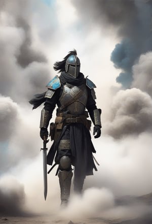 jonnzack_art_style, a lone warrior with his weapons and swords and standing amidst clouds of dust and smoke, a warzone. jonnzack_art_style textures, jonnzack_art_style colors, biomechanical armour suit,