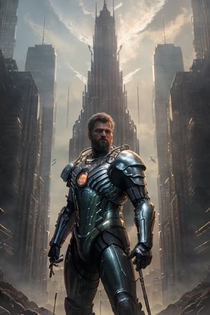 (masterpiece, best quality:1.3), photorealistic, raw photo, hyperrealistic, hyperdetailed, natural light, ray tracing, subsurface scattering, high-resolution,  high contrast, realistic style, HDR, 8k , extreme detailed background, soothing tone, man wearing a cybernetic high tech armour, stand in the center in heroic pose, (cityscape:1.5)