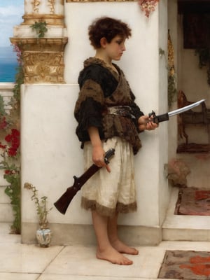 an innocent young irl with a shotgun, a katana sword and a 9mm ((((by Lawrence Alma-Tadema)))),Masterpiece