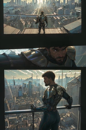 a comic book page , (masterpiece, best quality:1.3), photorealistic, raw photo, hyperrealistic, hyperdetailed, natural light, ray tracing, subsurface scattering, high-resolution,  high contrast, realistic style, HDR, 8k , extreme detailed background, soothing tone, man wearing a cybernetic high tech armour, stand in the center in heroic pose, (cityscape:1.5)