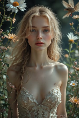 A serene composition captures a stunning young woman, her long blonde locks cascading down her back like a river of gold. Her pale skin glows softly, illuminated by the gentle light that filters through the lush greenery behind her. She wears a delicate lace dress that seems to shimmer in harmony with the birds and flowers that surround her. The intricate details on her gown appear almost ethereal, as if woven from the very essence of wonder itself. Her beauty is truly awe-inspiring.