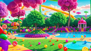 a vibrant eye-level view of a candy land is depicted. The candy land features a giant music stage in the middle of the frame, adorned with the words "Fruit Gala" in yellow letters. The backdrop is a lush green landscape, dotted with lush green trees and vibrant purple flowers. The focal point of the image is a giant candy land, with a pool of water surrounding it. The pool is adorned with a variety of candy, including pink, orange, and blue candy. Adjacent to the candy land are a few trees, their leaves adding a pop of color to the scene.