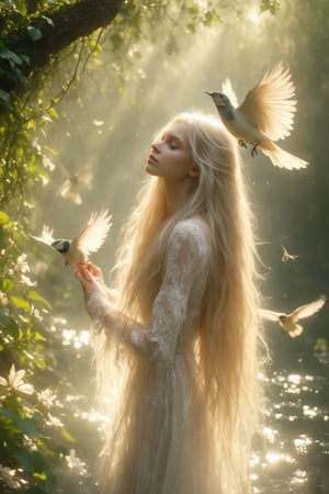 A serene composition captures a stunning young woman, her long blonde locks cascading down her back like a river of gold. Her pale skin glows softly, illuminated by the gentle light that filters through the lush greenery behind her. She wears a delicate lace dress that seems to shimmer in harmony with the birds and flowers that surround her. The intricate details on her gown appear almost ethereal, as if woven from the very essence of wonder itself. Her beauty is truly awe-inspiring.