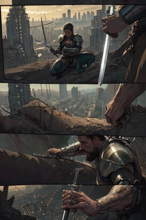 a comic book page , (masterpiece, best quality:1.3), photorealistic, raw photo, hyperrealistic, hyperdetailed, natural light, ray tracing, subsurface scattering, high-resolution,  high contrast, realistic style, HDR, 8k , extreme detailed background, soothing tone, man wearing a cybernetic high tech armour, his wife is hodling a sword, stands in the center in heroic pose, (cityscape:1.5)