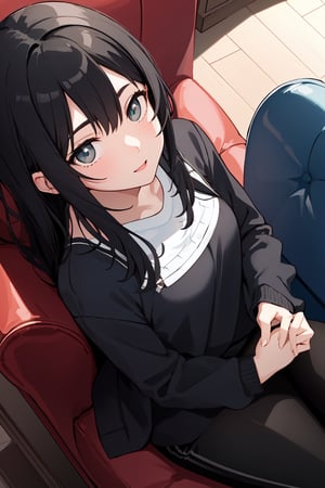 From above, 1girl, black hair, kneeling in front of a couch, looking up