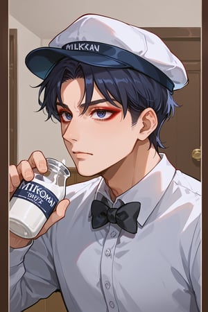 Prompt: score_9,score_8_up,score_7_up,source_anime, 1boy, portrait, male focus, solo, wanderer,dark blue hair,dark blue eyes,red eyeliner, dressed as milkman, White Shirt, Bowtie, Baggy Eyes, Hat, wanderer dressed as a milkman,Milkman, by the front door, holding a bottle of milk,