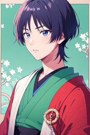 1boy, solo, male focus, portrait, Scara, male kimono, japanese garden background